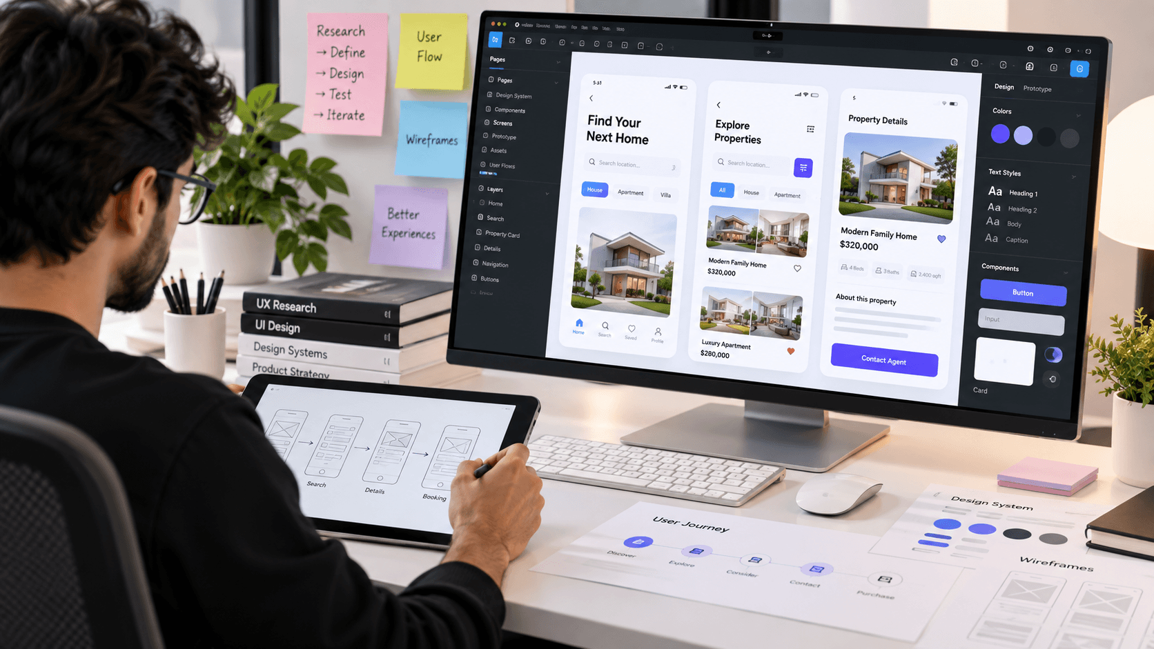 UX/UI designer working on digital product wireframes and interface designs